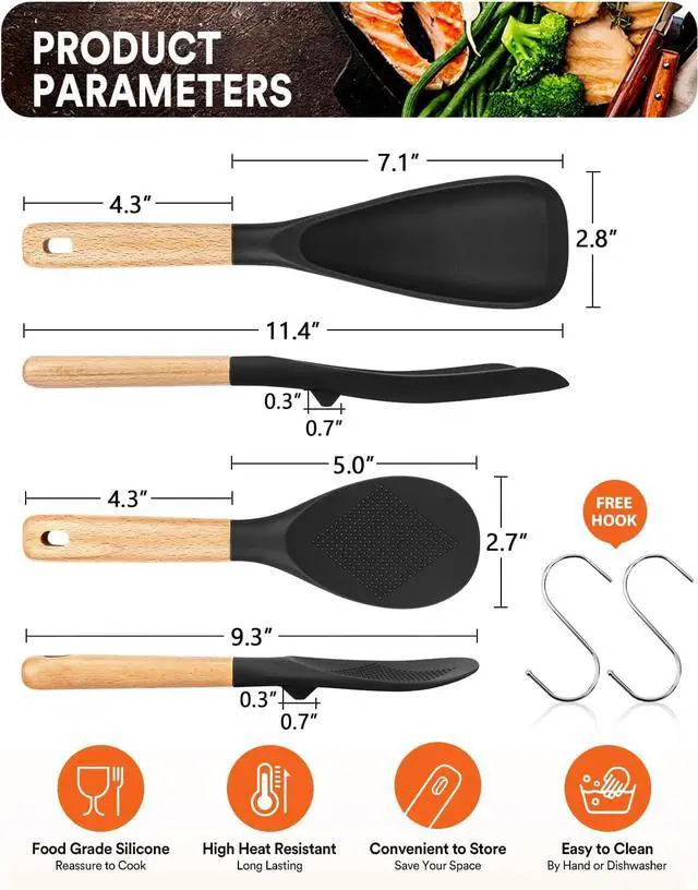 Alt view image 2 of 6 - Cooking Spoon and Rice Scooper for Nonstick Cookwares, Great for Cooking and Serving Sturdy BPA-Free Matte Silicone, Wood Handle Spoon for Mixing, Scoop, and Scrape (Black)