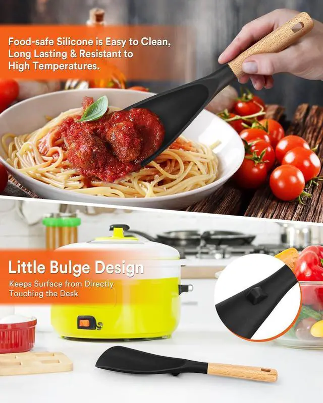 Alt view image 4 of 6 - Cooking Spoon and Rice Scooper for Nonstick Cookwares, Great for Cooking and Serving Sturdy BPA-Free Matte Silicone, Wood Handle Spoon for Mixing, Scoop, and Scrape (Black)