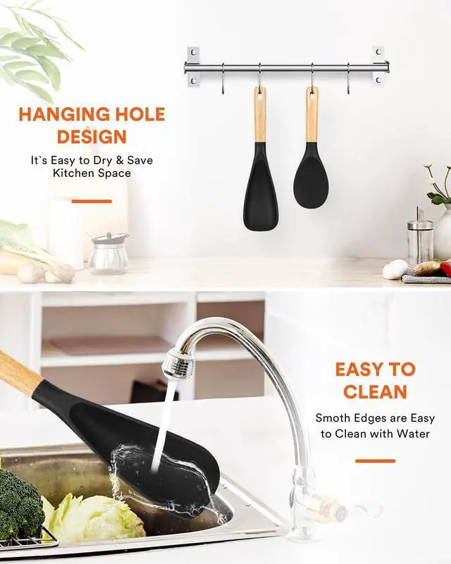 Alt view image 6 of 6 - Cooking Spoon and Rice Scooper for Nonstick Cookwares, Great for Cooking and Serving Sturdy BPA-Free Matte Silicone, Wood Handle Spoon for Mixing, Scoop, and Scrape (Black)