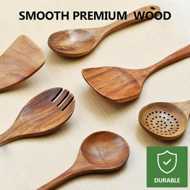 Alt view image 2 of 6 - Wooden Spoon Set-6 Piece Wooden Cutlery-Daily Wooden Cutlery Cooking Spoon-Natural Teak Kitchen Set-Teak Cooking Utensils with Smooth Non-Stick Surface-For use in the kitchen when cooking