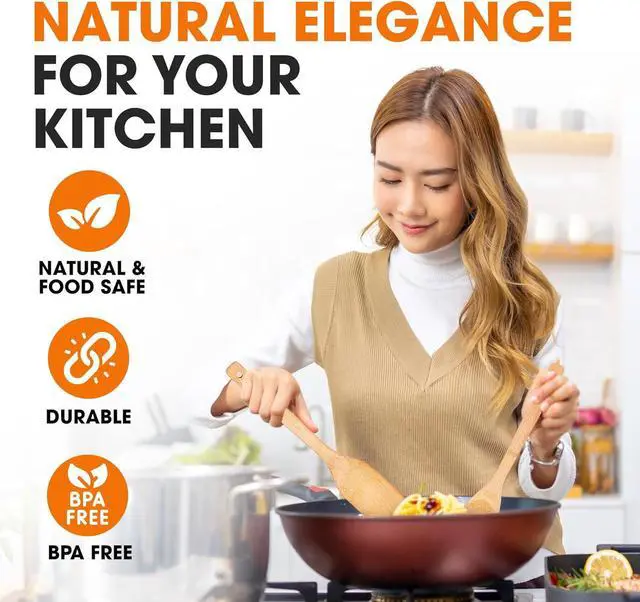 Alt view image 2 of 7 - Cheer Collection Wooden Spoons for Cooking - Bamboo Cooking Utensils Set of 6, Wooden Utensil Set, Kitchen Utensils Set Wood, Wooden Spatula Set, Bamboo Kitchen Utensils for Safe Cooking