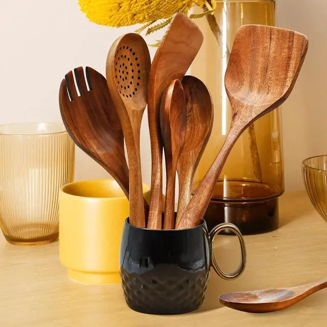 Alt view image 3 of 6 - Wooden Spoon Set-6 Piece Wooden Cutlery-Daily Wooden Cutlery Cooking Spoon-Natural Teak Kitchen Set-Teak Cooking Utensils with Smooth Non-Stick Surface-For use in the kitchen when cooking