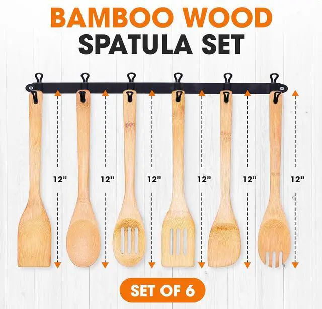 Alt view image 3 of 7 - Cheer Collection Wooden Spoons for Cooking - Bamboo Cooking Utensils Set of 6, Wooden Utensil Set, Kitchen Utensils Set Wood, Wooden Spatula Set, Bamboo Kitchen Utensils for Safe Cooking