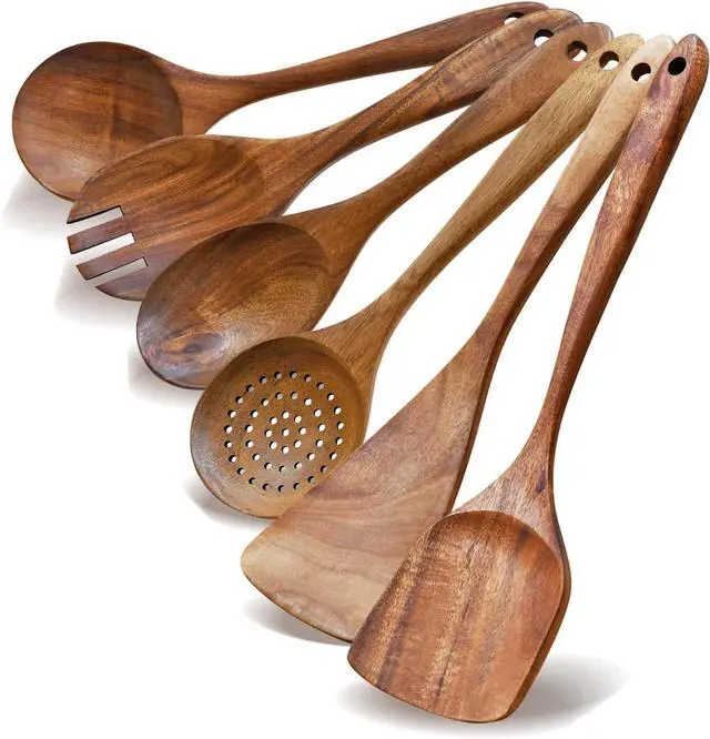 Main image of Wooden Spoon Set-6 Piece Wooden Cutlery-Daily Wooden Cutlery Cooking Spoon-Natural Teak Kitchen Set-Teak Cooking Utensils with Smooth Non-Stick Surface-For use in the kitchen when cooking