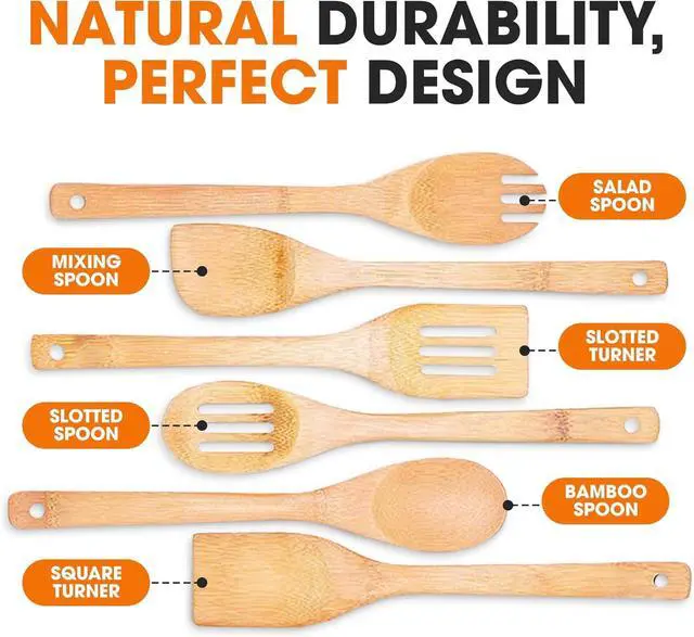 Alt view image 6 of 7 - Cheer Collection Wooden Spoons for Cooking - Bamboo Cooking Utensils Set of 6, Wooden Utensil Set, Kitchen Utensils Set Wood, Wooden Spatula Set, Bamboo Kitchen Utensils for Safe Cooking