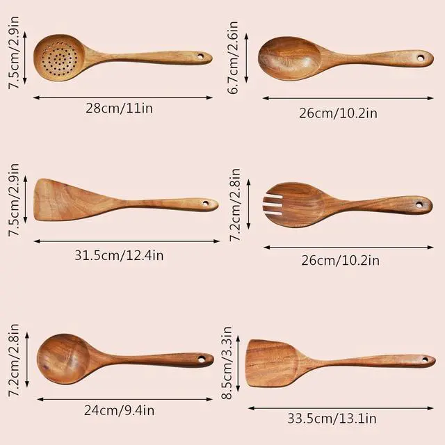 Alt view image 5 of 6 - Wooden Spoon Set-6 Piece Wooden Cutlery-Daily Wooden Cutlery Cooking Spoon-Natural Teak Kitchen Set-Teak Cooking Utensils with Smooth Non-Stick Surface-For use in the kitchen when cooking