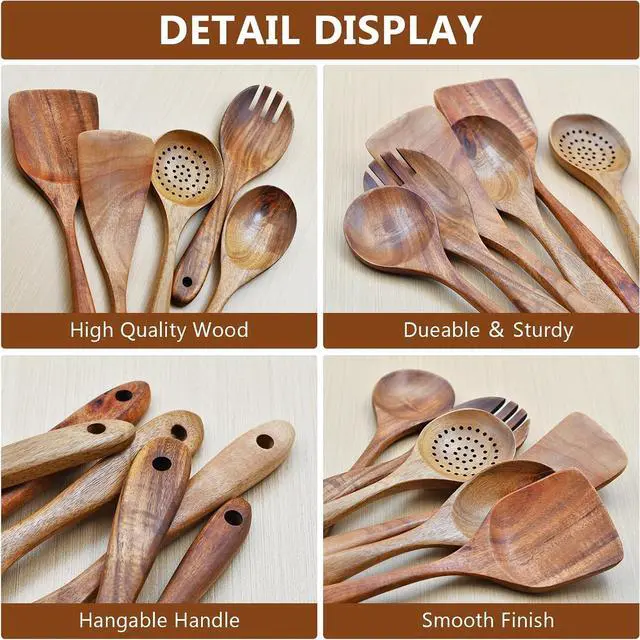 Alt view image 4 of 6 - Wooden Spoon Set-6 Piece Wooden Cutlery-Daily Wooden Cutlery Cooking Spoon-Natural Teak Kitchen Set-Teak Cooking Utensils with Smooth Non-Stick Surface-For use in the kitchen when cooking