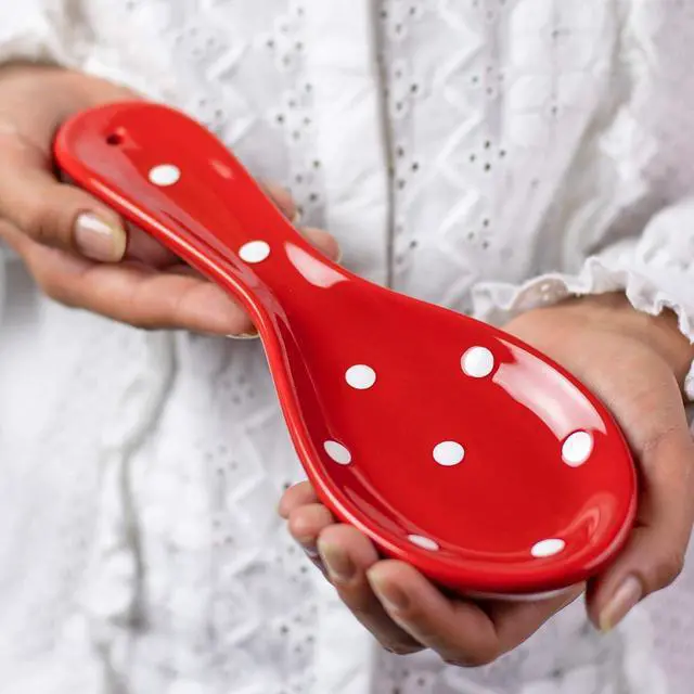 Main image of City to Cottage Spoon Rest for Stove Top, Large Ceramic Spoon Holder for Kitchen Counter, Cooking Utensil Rest for Countertop, Handcrafted Spoon Rest for Ladle, Spatula (Red Polka Dot)