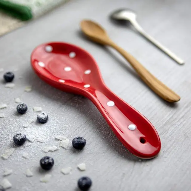 Alt view image 2 of 7 - City to Cottage Spoon Rest for Stove Top, Large Ceramic Spoon Holder for Kitchen Counter, Cooking Utensil Rest for Countertop, Handcrafted Spoon Rest for Ladle, Spatula (Red Polka Dot)