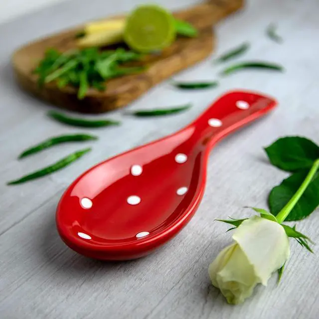 Alt view image 3 of 7 - City to Cottage Spoon Rest for Stove Top, Large Ceramic Spoon Holder for Kitchen Counter, Cooking Utensil Rest for Countertop, Handcrafted Spoon Rest for Ladle, Spatula (Red Polka Dot)