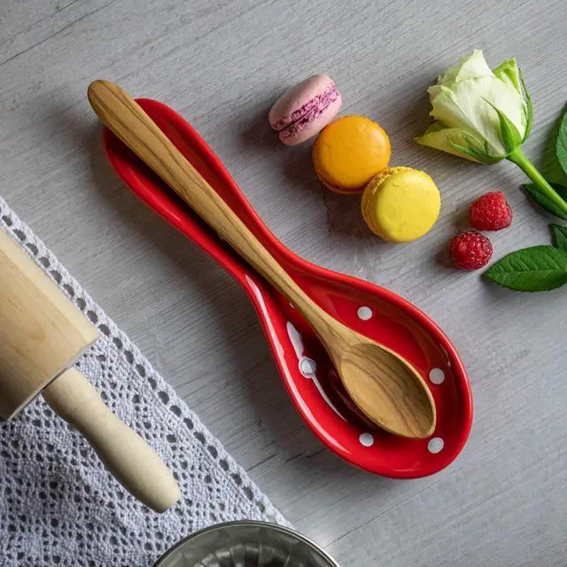 Alt view image 4 of 7 - City to Cottage Spoon Rest for Stove Top, Large Ceramic Spoon Holder for Kitchen Counter, Cooking Utensil Rest for Countertop, Handcrafted Spoon Rest for Ladle, Spatula (Red Polka Dot)