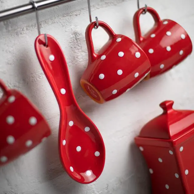 Alt view image 5 of 7 - City to Cottage Spoon Rest for Stove Top, Large Ceramic Spoon Holder for Kitchen Counter, Cooking Utensil Rest for Countertop, Handcrafted Spoon Rest for Ladle, Spatula (Red Polka Dot)