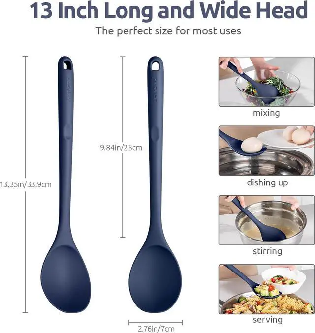 Alt view image 2 of 7 - 600ºF Heat Resistant Silicone Spoon: U-Taste 13.3in Solid Kitchen Cooking Spoon, Nonstick Food Grade Large Soup Rubber Utensil for Mixing, Serving, Stirring, Basting, for Pot Cookware (Midnight Blue)