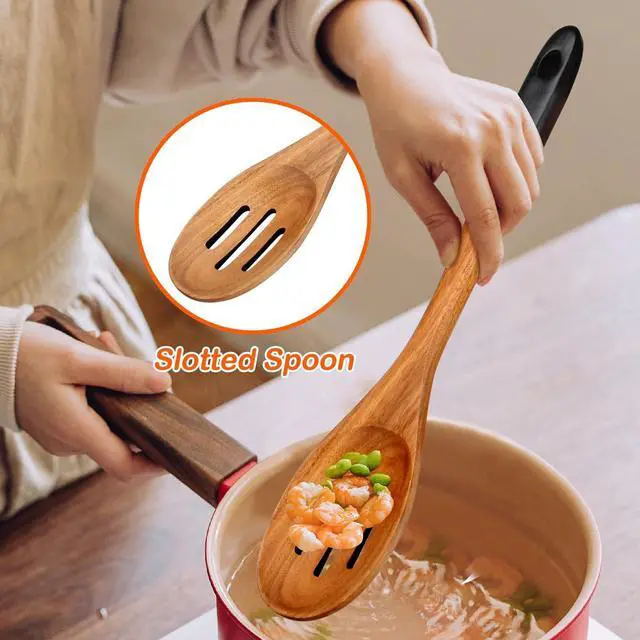 Alt view image 3 of 7 - 14 Inch Large Wooden Spoons for Cooking Utensils Set Acacia Wood Spatula Slotted Spoon Best Non Toxic Kitchen Utensil Long Mixing Spoon Spatulas Turner Stirring Serving Spoons Kitchen Use Tools