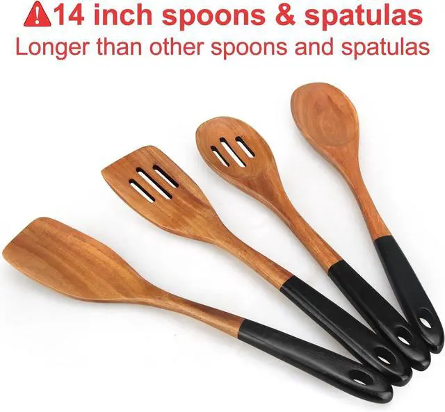 Alt view image 6 of 7 - 14 Inch Large Wooden Spoons for Cooking Utensils Set Acacia Wood Spatula Slotted Spoon Best Non Toxic Kitchen Utensil Long Mixing Spoon Spatulas Turner Stirring Serving Spoons Kitchen Use Tools