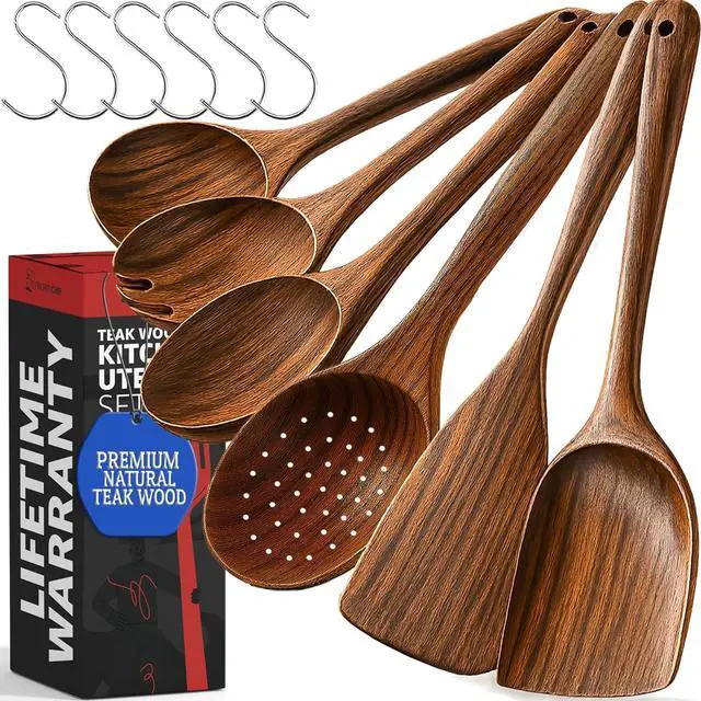 Main image of PriorityChef Premium Wooden Spoons for Cooking - 6pc Smooth Finish Teak Wooden Utensil Set with Hanging Hooks, Heat-Resistant & Nonstick Safe, Ideal for Gifting