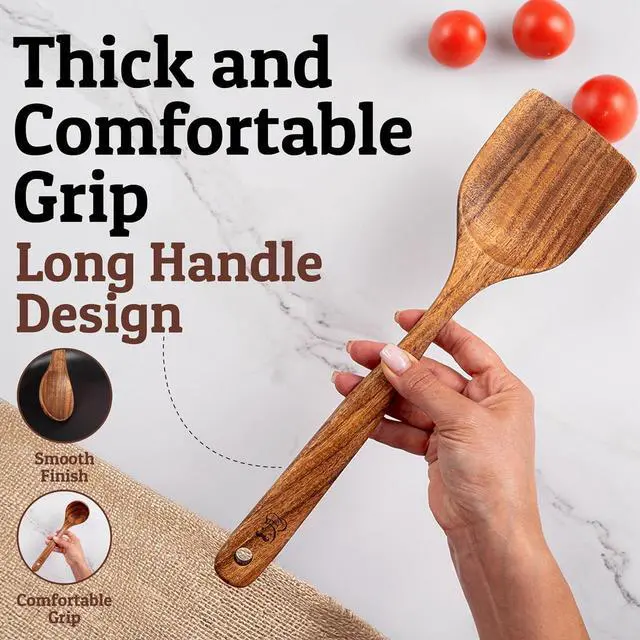 Alt view image 3 of 7 - PriorityChef Premium Wooden Spoons for Cooking - 6pc Smooth Finish Teak Wooden Utensil Set with Hanging Hooks, Heat-Resistant & Nonstick Safe, Ideal for Gifting