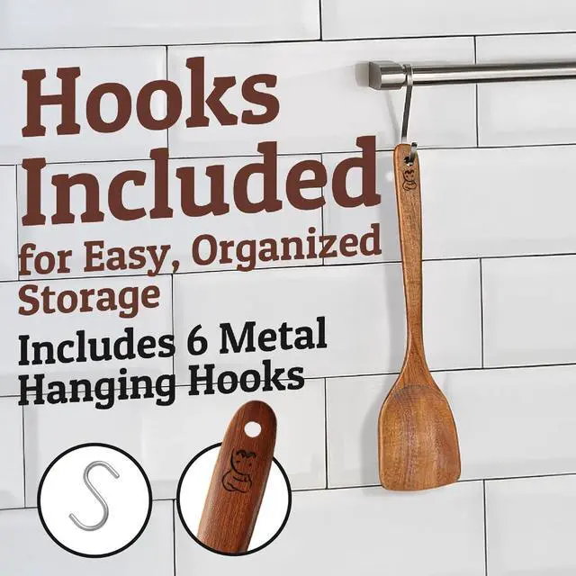 Alt view image 6 of 7 - PriorityChef Premium Wooden Spoons for Cooking - 6pc Smooth Finish Teak Wooden Utensil Set with Hanging Hooks, Heat-Resistant & Nonstick Safe, Ideal for Gifting