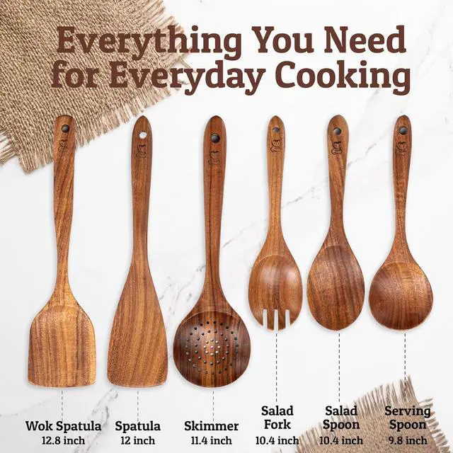 Alt view image 4 of 7 - PriorityChef Premium Wooden Spoons for Cooking - 6pc Smooth Finish Teak Wooden Utensil Set with Hanging Hooks, Heat-Resistant & Nonstick Safe, Ideal for Gifting