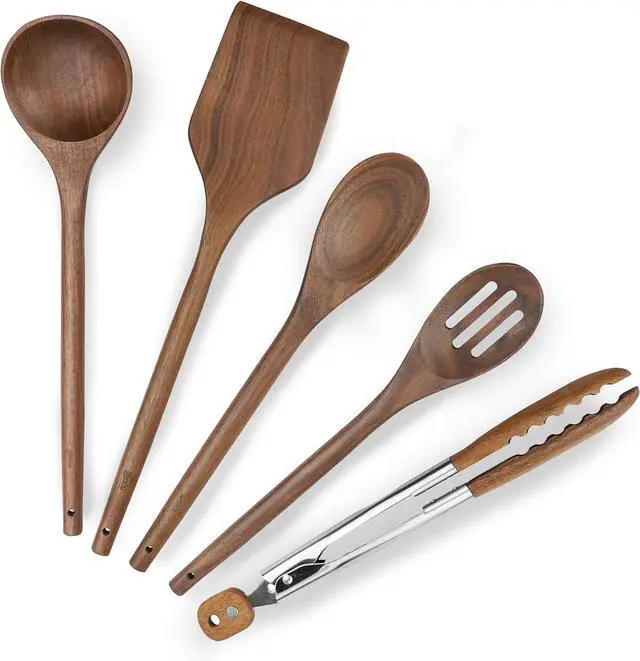 Main image of Elegant 5-Piece Walnut Wood Kitchen Utensil Set  Non-Scratch, Heat-Resistant Cooking Utensil Set with Kitchen Tongs, Spoons, Spatula & Ladle  Lightweight, Durable & Perfect for Daily Use or Gifting