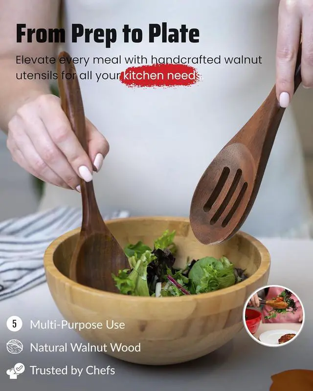 Alt view image 5 of 6 - Elegant 5-Piece Walnut Wood Kitchen Utensil Set  Non-Scratch, Heat-Resistant Cooking Utensil Set with Kitchen Tongs, Spoons, Spatula & Ladle  Lightweight, Durable & Perfect for Daily Use or Gifting