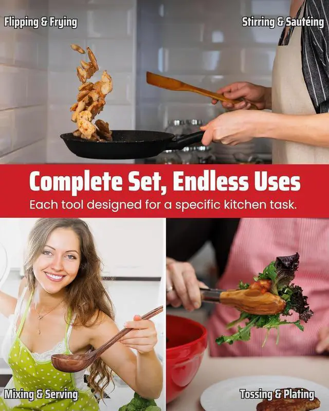 Alt view image 3 of 6 - Elegant 5-Piece Walnut Wood Kitchen Utensil Set  Non-Scratch, Heat-Resistant Cooking Utensil Set with Kitchen Tongs, Spoons, Spatula & Ladle  Lightweight, Durable & Perfect for Daily Use or Gifting