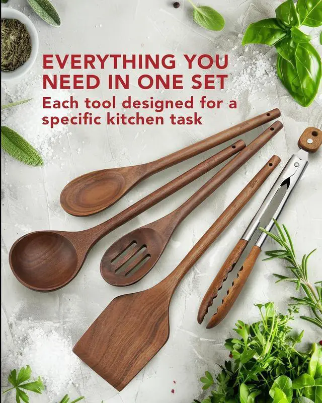 Alt view image 6 of 6 - Elegant 5-Piece Walnut Wood Kitchen Utensil Set  Non-Scratch, Heat-Resistant Cooking Utensil Set with Kitchen Tongs, Spoons, Spatula & Ladle  Lightweight, Durable & Perfect for Daily Use or Gifting