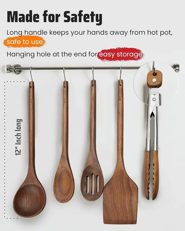 Alt view image 4 of 6 - Elegant 5-Piece Walnut Wood Kitchen Utensil Set  Non-Scratch, Heat-Resistant Cooking Utensil Set with Kitchen Tongs, Spoons, Spatula & Ladle  Lightweight, Durable & Perfect for Daily Use or Gifting