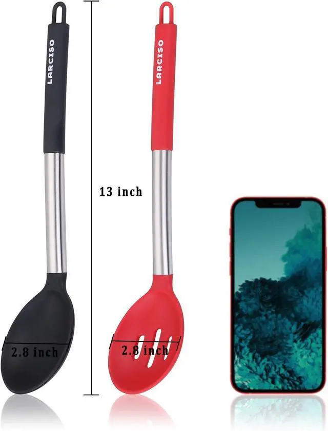 Alt view image 2 of 7 - 4 Pieces Large Silicone Cooking Spoon, Food Grade Slotted and Solid Spoons, Non-Stick Serving Spoon, 13" Kitchen Utensils for Mixing, Serving, Cooking