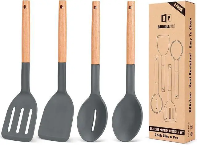 Main image of Pack of 4 Silicone Cooking Utensils Set, Non Stick Solid Spatulas and Heat Resistant Slotted Spoons with Wooden Handle, Ideal Wood Kitchen Utensils Set for Frying,Serving,Turning,Stirring (GRAY)