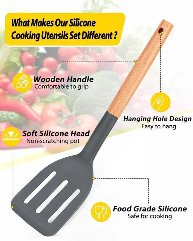 Alt view image 2 of 7 - Pack of 4 Silicone Cooking Utensils Set, Non Stick Solid Spatulas and Heat Resistant Slotted Spoons with Wooden Handle, Ideal Wood Kitchen Utensils Set for Frying,Serving,Turning,Stirring (GRAY)