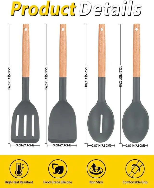 Alt view image 3 of 7 - Pack of 4 Silicone Cooking Utensils Set, Non Stick Solid Spatulas and Heat Resistant Slotted Spoons with Wooden Handle, Ideal Wood Kitchen Utensils Set for Frying,Serving,Turning,Stirring (GRAY)