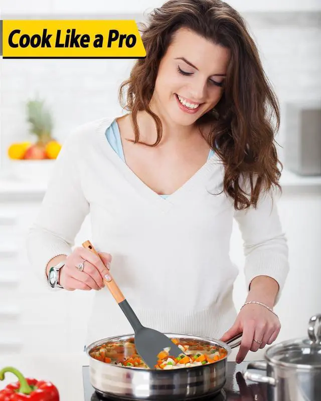 Alt view image 4 of 7 - Pack of 4 Silicone Cooking Utensils Set, Non Stick Solid Spatulas and Heat Resistant Slotted Spoons with Wooden Handle, Ideal Wood Kitchen Utensils Set for Frying,Serving,Turning,Stirring (GRAY)