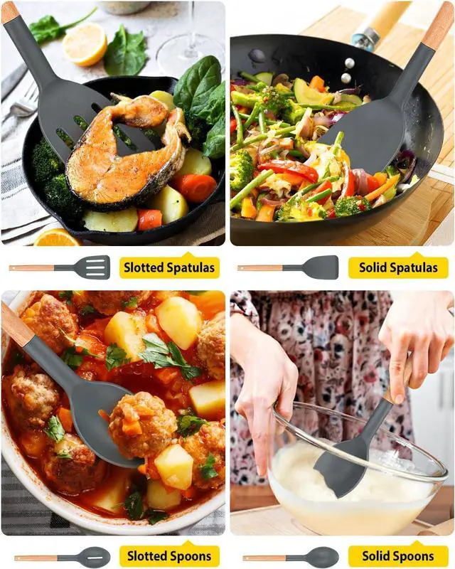 Alt view image 5 of 7 - Pack of 4 Silicone Cooking Utensils Set, Non Stick Solid Spatulas and Heat Resistant Slotted Spoons with Wooden Handle, Ideal Wood Kitchen Utensils Set for Frying,Serving,Turning,Stirring (GRAY)