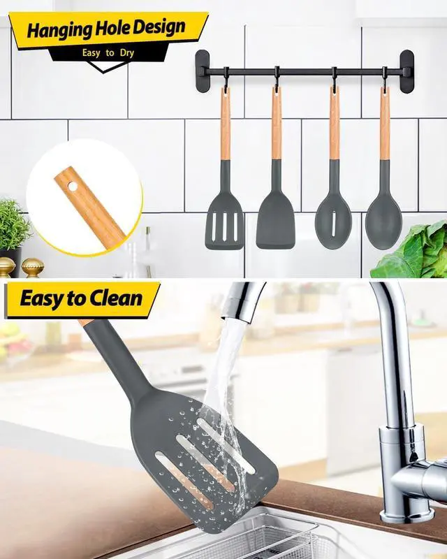 Alt view image 6 of 7 - Pack of 4 Silicone Cooking Utensils Set, Non Stick Solid Spatulas and Heat Resistant Slotted Spoons with Wooden Handle, Ideal Wood Kitchen Utensils Set for Frying,Serving,Turning,Stirring (GRAY)