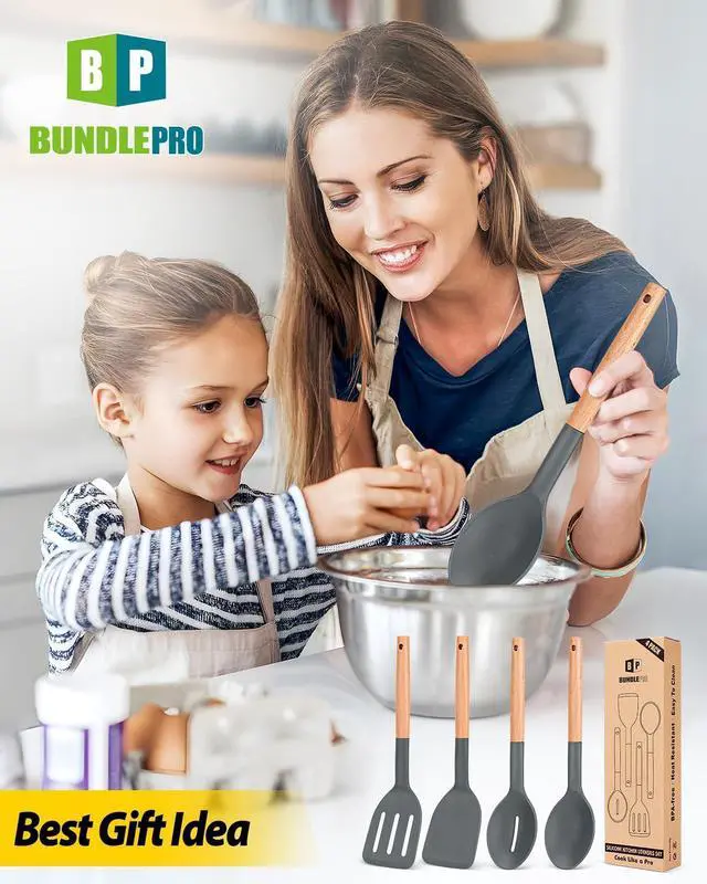 Alt view image 7 of 7 - Pack of 4 Silicone Cooking Utensils Set, Non Stick Solid Spatulas and Heat Resistant Slotted Spoons with Wooden Handle, Ideal Wood Kitchen Utensils Set for Frying,Serving,Turning,Stirring (GRAY)