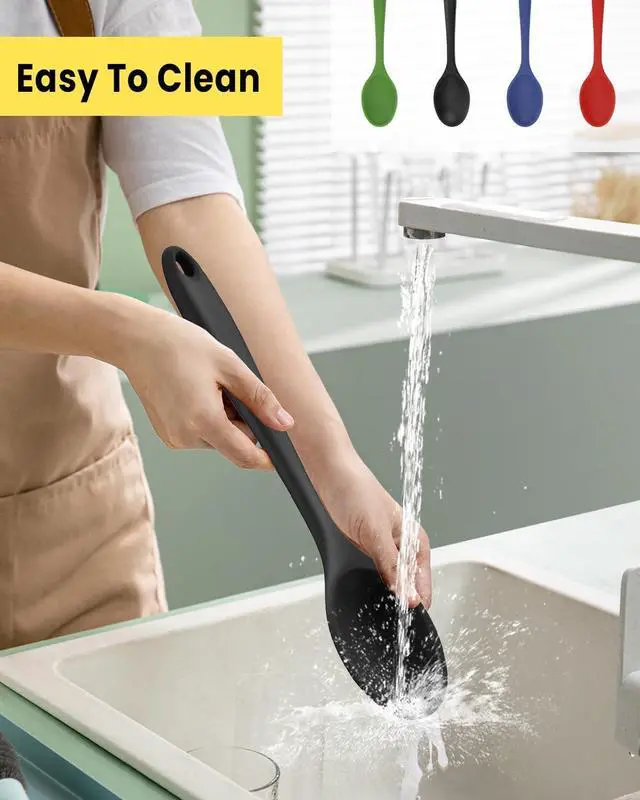 Alt view image 6 of 7 - 4 Pcs Large Mixing Spoon Silicone Cooking Spoons Colored Heat Resistant Spoons Nonstick Silicone Serving Spoons for Kitchen Cooking Baking Stirring Cooking Mixing (Red Black Green Blue)