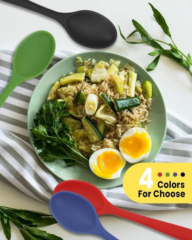 Alt view image 7 of 7 - 4 Pcs Large Mixing Spoon Silicone Cooking Spoons Colored Heat Resistant Spoons Nonstick Silicone Serving Spoons for Kitchen Cooking Baking Stirring Cooking Mixing (Red Black Green Blue)