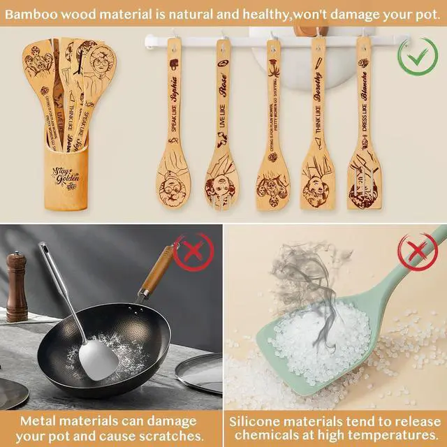 Alt view image 6 of 7 - Golden Kitchen Decor Accessories Wooden Spoons for Cooking -Golden Merchandise for Friends,Bamboo Utensils Gifts for Women,Birthday & House Warming Gift for Friend,7pcs