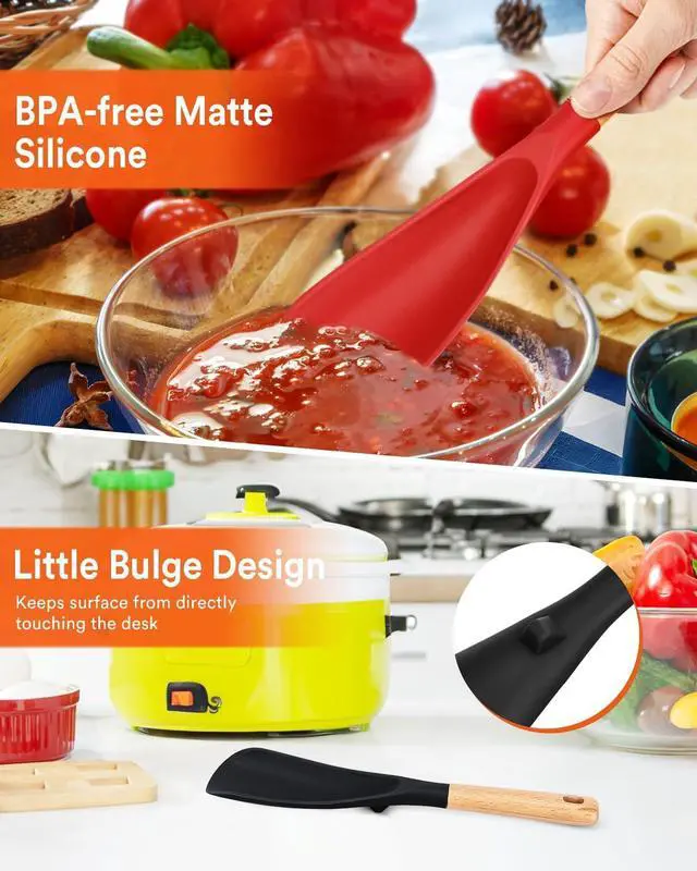 Alt view image 5 of 7 - Cooking Spoon for Nonstick Cookwares, Great for Cooking and Serving Sturdy BPA-Free Matte Silicone, Wood Handle Spoon for Mixing, Scoop, and Scrape (Black & Red, 11.4 inch)