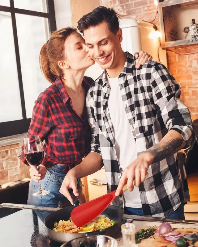 Alt view image 6 of 7 - Cooking Spoon for Nonstick Cookwares, Great for Cooking and Serving Sturdy BPA-Free Matte Silicone, Wood Handle Spoon for Mixing, Scoop, and Scrape (Black & Red, 11.4 inch)