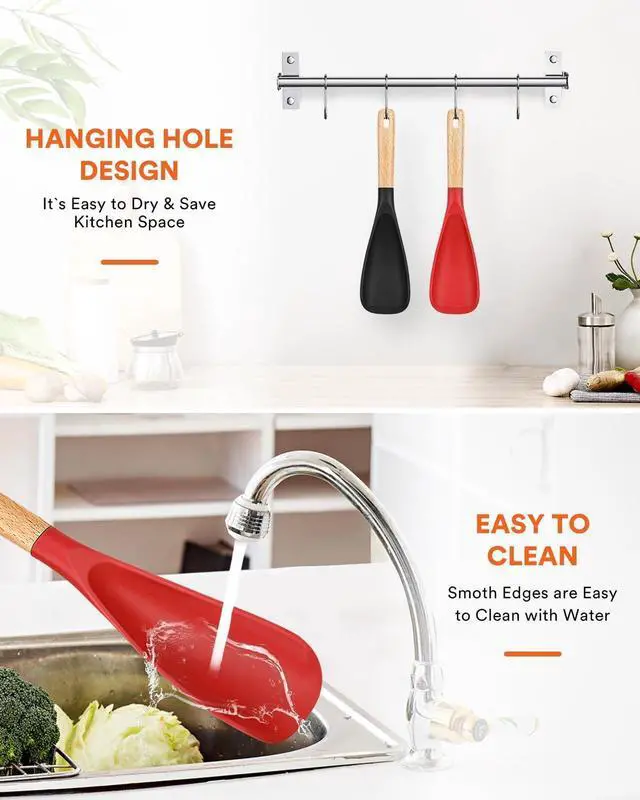 Alt view image 7 of 7 - Cooking Spoon for Nonstick Cookwares, Great for Cooking and Serving Sturdy BPA-Free Matte Silicone, Wood Handle Spoon for Mixing, Scoop, and Scrape (Black & Red, 11.4 inch)