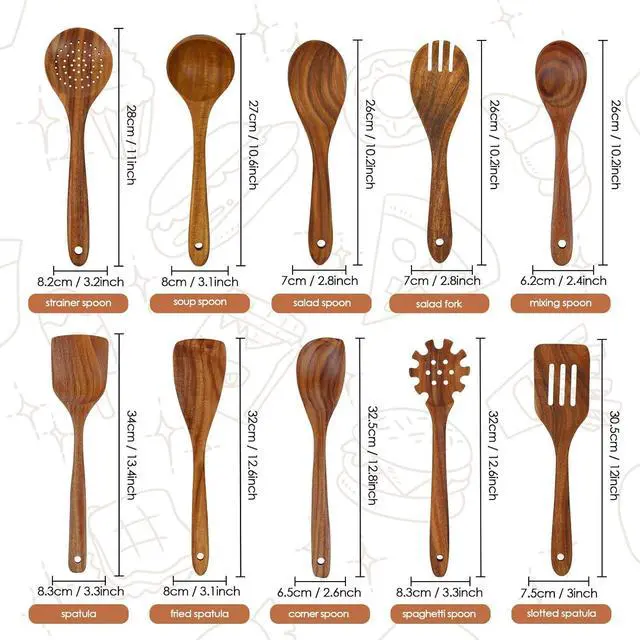 Alt view image 2 of 7 - comfoyar Teak Wooden Spoons for Cooking, 10 Pieces Kitchen Cooking Utenails Set with Spatula and Ladle, Heat Resistant Kitchen Cookware for Nonstick Pan