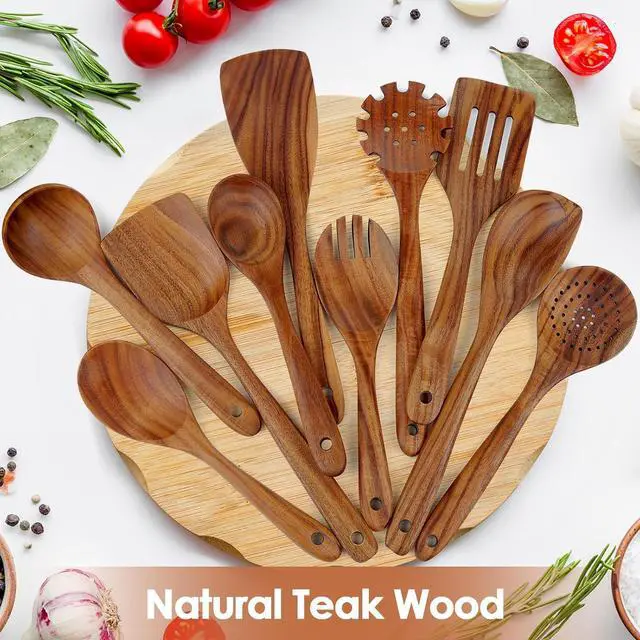 Alt view image 3 of 7 - comfoyar Teak Wooden Spoons for Cooking, 10 Pieces Kitchen Cooking Utenails Set with Spatula and Ladle, Heat Resistant Kitchen Cookware for Nonstick Pan