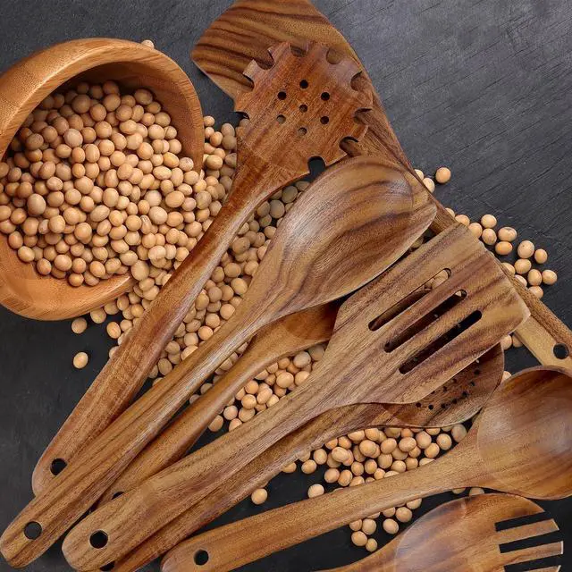 Alt view image 4 of 7 - comfoyar Teak Wooden Spoons for Cooking, 10 Pieces Kitchen Cooking Utenails Set with Spatula and Ladle, Heat Resistant Kitchen Cookware for Nonstick Pan