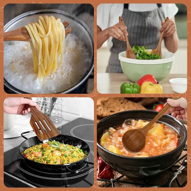 Alt view image 7 of 7 - comfoyar Teak Wooden Spoons for Cooking, 10 Pieces Kitchen Cooking Utenails Set with Spatula and Ladle, Heat Resistant Kitchen Cookware for Nonstick Pan