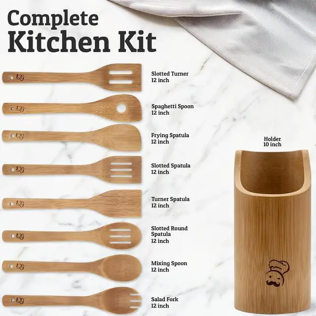 Alt view image 3 of 7 - PriorityChef Wooden Spoons for Cooking, 8Pc with Utensil Holder, Non Scratch Bamboo Cooking Utensils, Non-Toxic Wooden Utensil Set, Easy to Clean Kitchen Utensils Set for All Cookware Types
