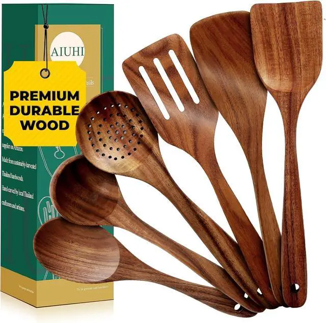 Main image of AIUHI Nonstick Natural Wooden Kitchen Utensils Set, Smooth Finish Teak Wood Spoons for Cooking, Comfortable Grip Spatula for Elaborate Cooking 6Pcs
