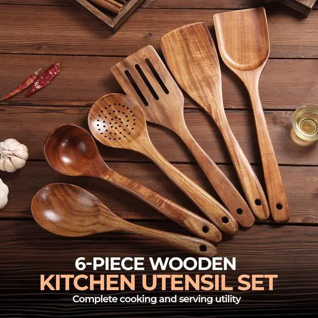Alt view image 3 of 7 - AIUHI Nonstick Natural Wooden Kitchen Utensils Set, Smooth Finish Teak Wood Spoons for Cooking, Comfortable Grip Spatula for Elaborate Cooking 6Pcs