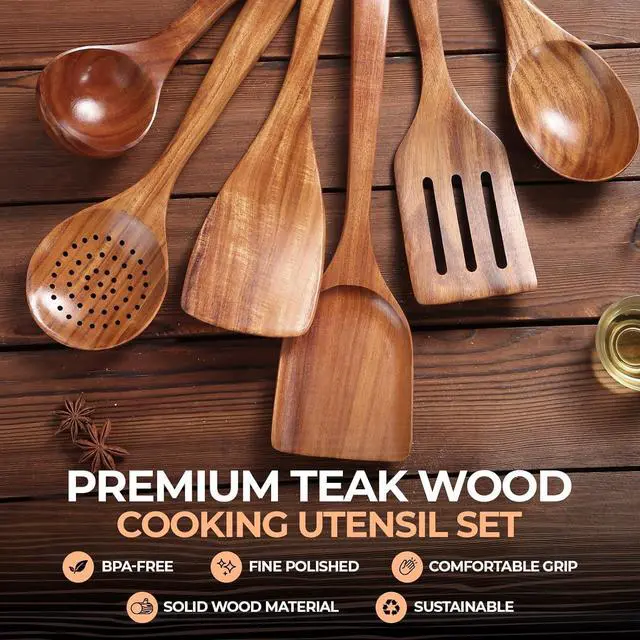 Alt view image 2 of 7 - AIUHI Nonstick Natural Wooden Kitchen Utensils Set, Smooth Finish Teak Wood Spoons for Cooking, Comfortable Grip Spatula for Elaborate Cooking 6Pcs